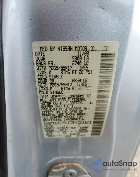 2001 Nissan Frontier King Cab Sc z USA, uszkodzony, nr VIN 1N6MD26T51C343161